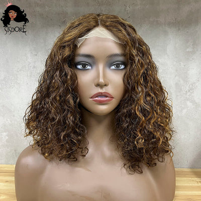 Medium Brown With Blonde Highlights Short Curly Bob 4X1 T Part Lace Wigs