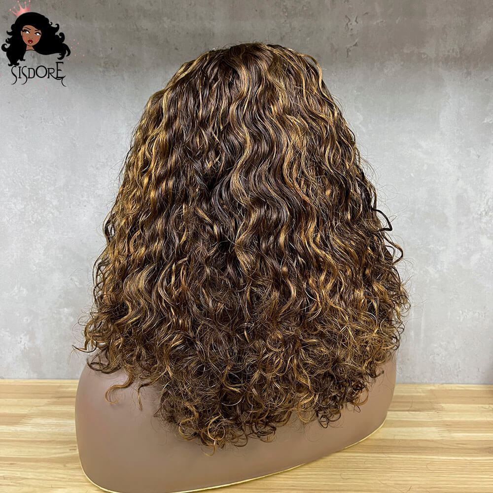 Medium Brown With Blonde Highlights Short Curly Bob 4X1 T Part Lace Wigs