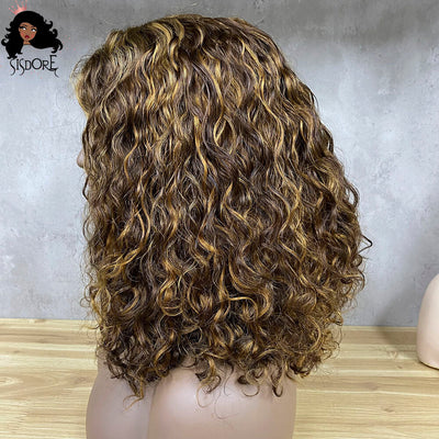 Medium Brown With Blonde Highlights Short Curly Bob 4X1 T Part Lace Wigs