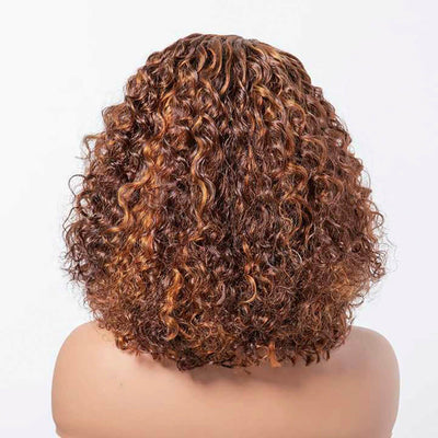 Short Curly Brown Highlight Human Hair Bob Lace Closure Wigs Water Wave