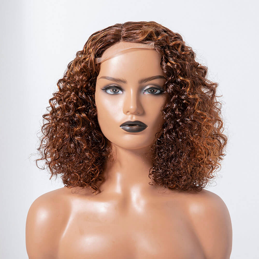 Short Curly Brown Highlight Hair Bob Lace Closure Wigs Water Wave