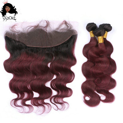 Burgundy body wave bundles with lace frontal 1b 99j ombre black roots