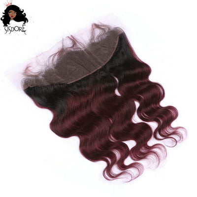Burgundy body wave bundles with lace frontal 1b 99j ombre black roots