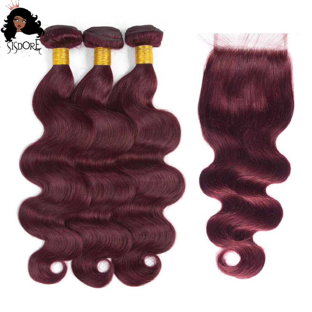 99j Deep Burgundy Color Body Wave Hair Bundles, Dark Red Wine Colour Wavy Human Hair 4x4 Lace Closure