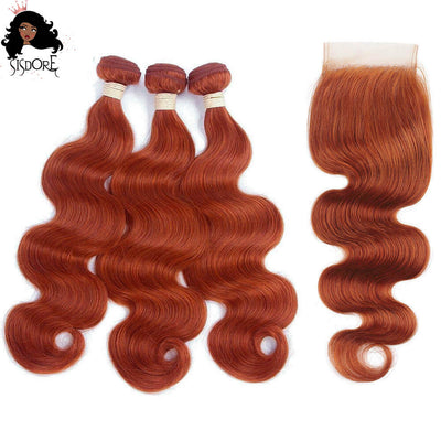Burnt Orange Ginger Color 350 Body Wave Hair Bundles With 4x4 Lace Closure