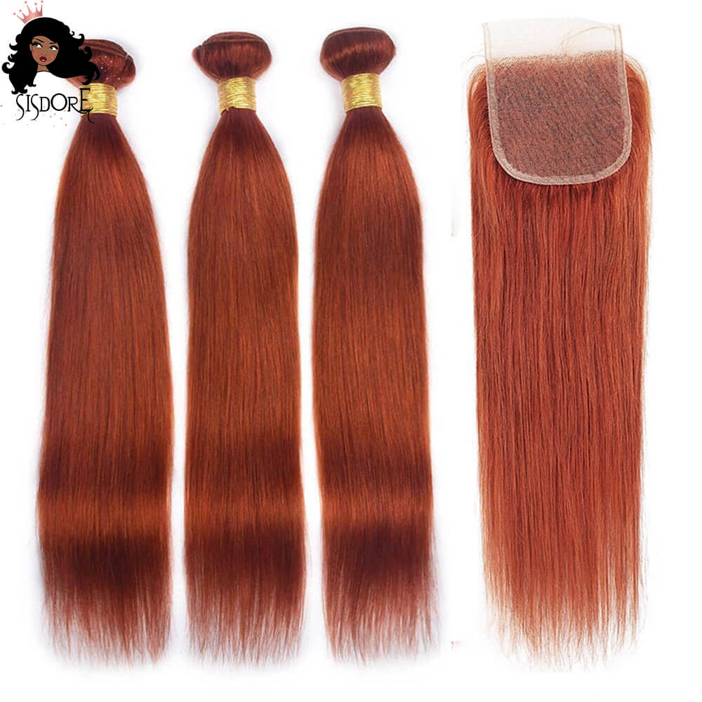 Burnt Orange Ginger Color 350 Straight Hair Bundles With 4x4 Lace Closure