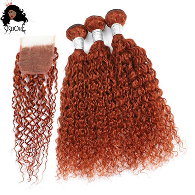 Burnt Orange Ginger Color 350 Water Wave Curly Hair Bundles With Wet and Wavy 4x4 Lace Closure