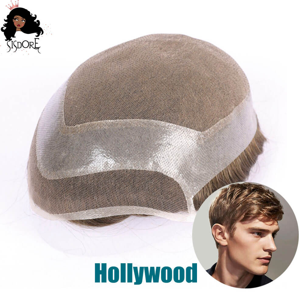 Hollywood Toupee for Men, Swiss Lace with PU Skin Base  Human Hair Prosthesis Hair Replacement System Male Wigs