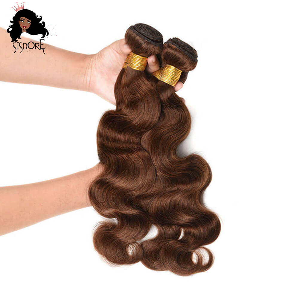 Medium Brown Color 4 Hair Bundles, Chocolate Brown Body Wave Virgin Human Hair Weaves With 4x4 Lace Closure 