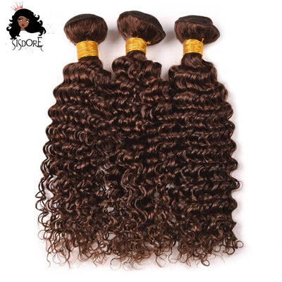 Medium Brown Color 4 Curly Hair Bundles, Chocolate Brown Deep Wave Virgin Human Hair Weaves With 4x4 Lace Closure 