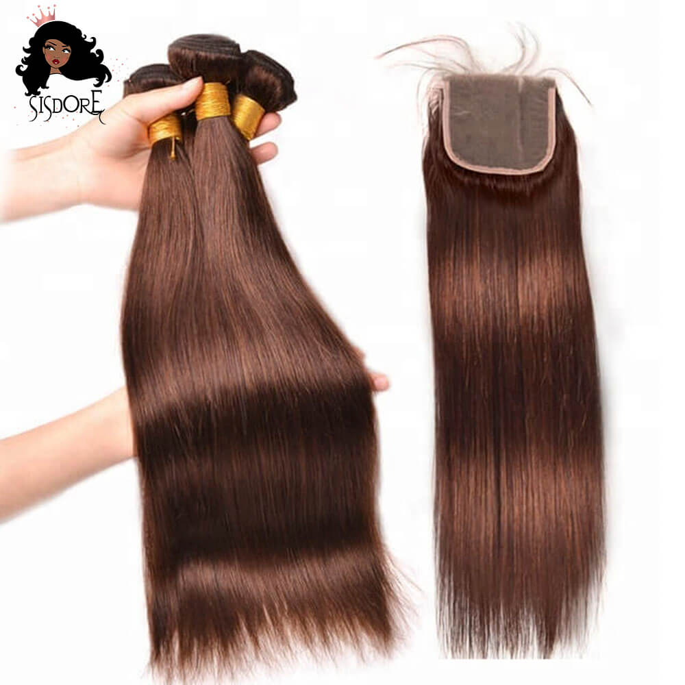 Medium Brown Color 4 Hair Bundles With Closure, Chocolate Brown Straight Virgin Human Hair Weaves With 4x4 Lace Closure 