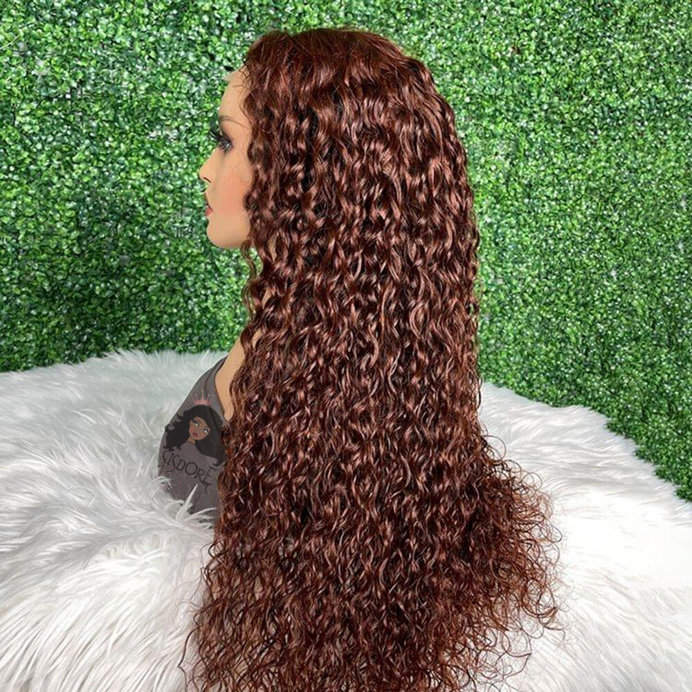 Dark Reddish Brown Water Wave Human Hair Wigs, Dark Auburn Wet and Wavy Hair Wigs. Cheap Brown Red Curly Hair 13x4 Lace Front Wigs.