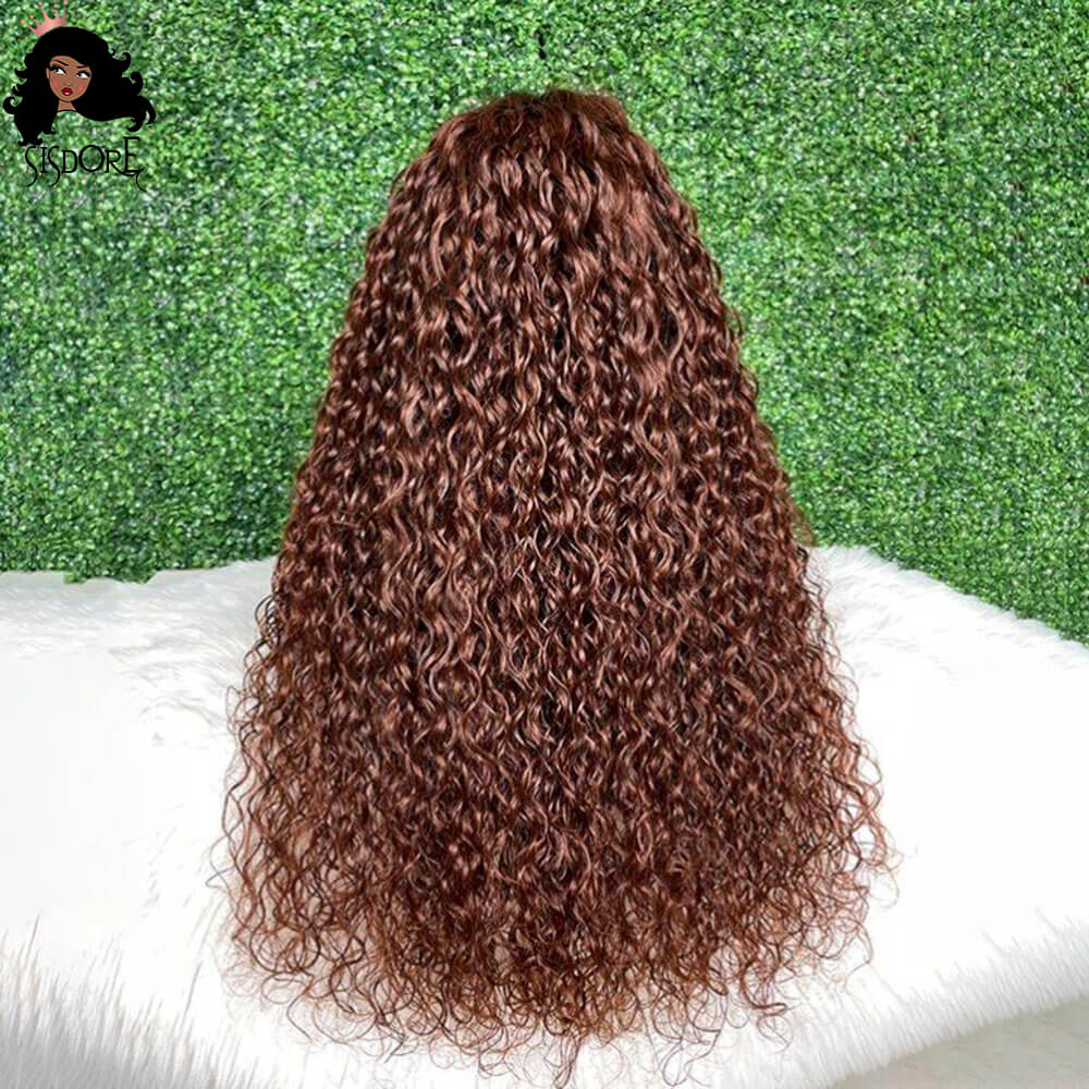 Dark Reddish Brown Water Wave Human Hair Wigs, Dark Auburn Wet and Wavy Hair Wigs. Cheap Brown Red Curly Hair 13x4 Lace Front Wigs.