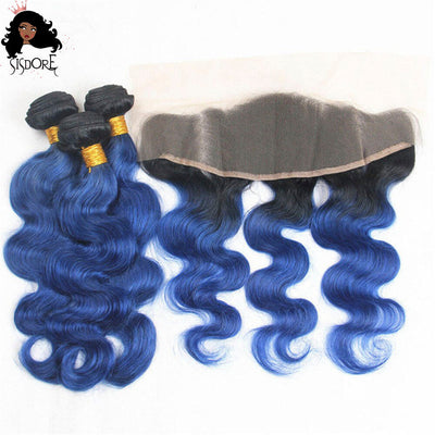 Dark Blue Black Roots Body Wave Remy Hair Bundles With 13x4 HD Lace Frontal Two Tone Ombre T1B/Blue