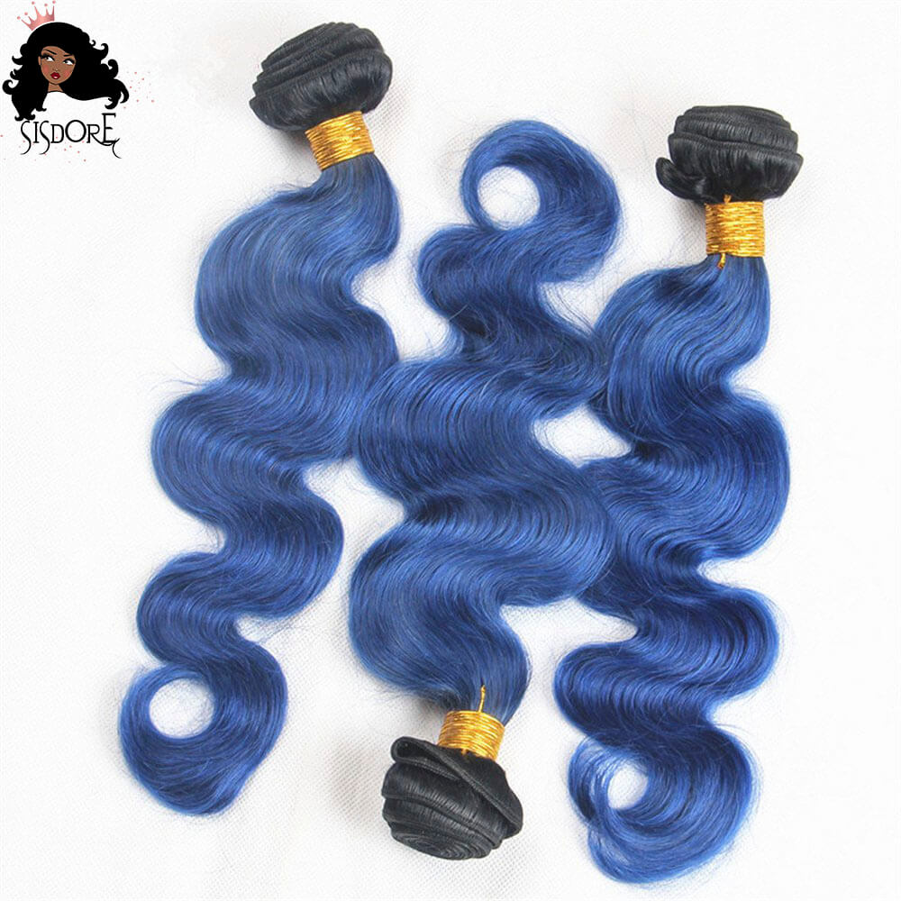 Dark Blue Black Roots Body Wave Remy Human Hair Bundles With 13x4 HD Lace Frontal Two Tone Ombre T1B/Blue