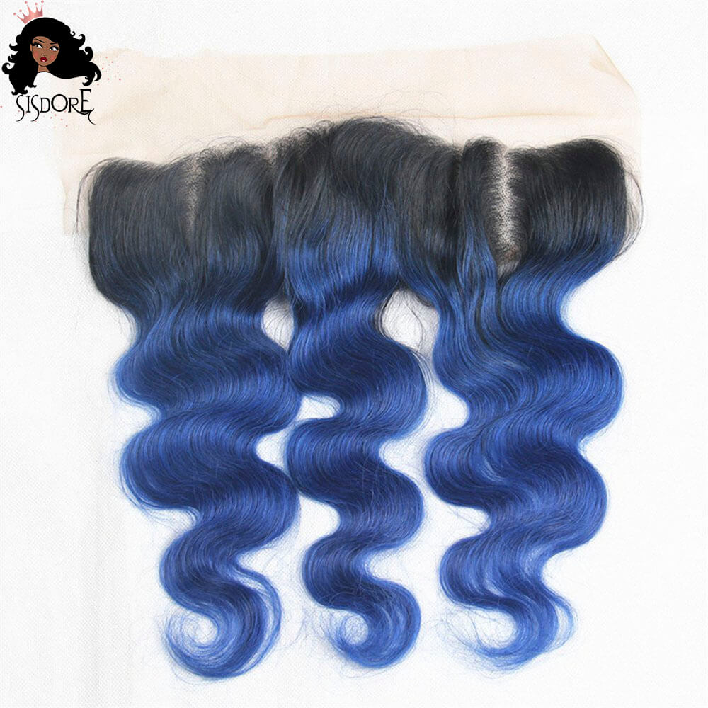 Dark Blue Black Roots Body Wave Remy Human Hair Bundles With 13x4 HD Lace Frontal Two Tone Ombre T1B/Blue