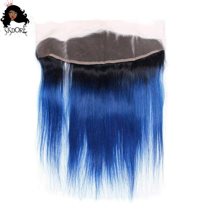 Blue ombre hair color with black roots human hair  13x4 HD lace frontal straight hair T1B/Blue