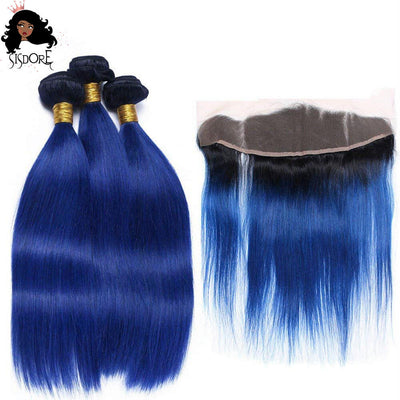 Blue ombre hair color with black roots human hair bundles with lace frontal straight hair T1B/Blue