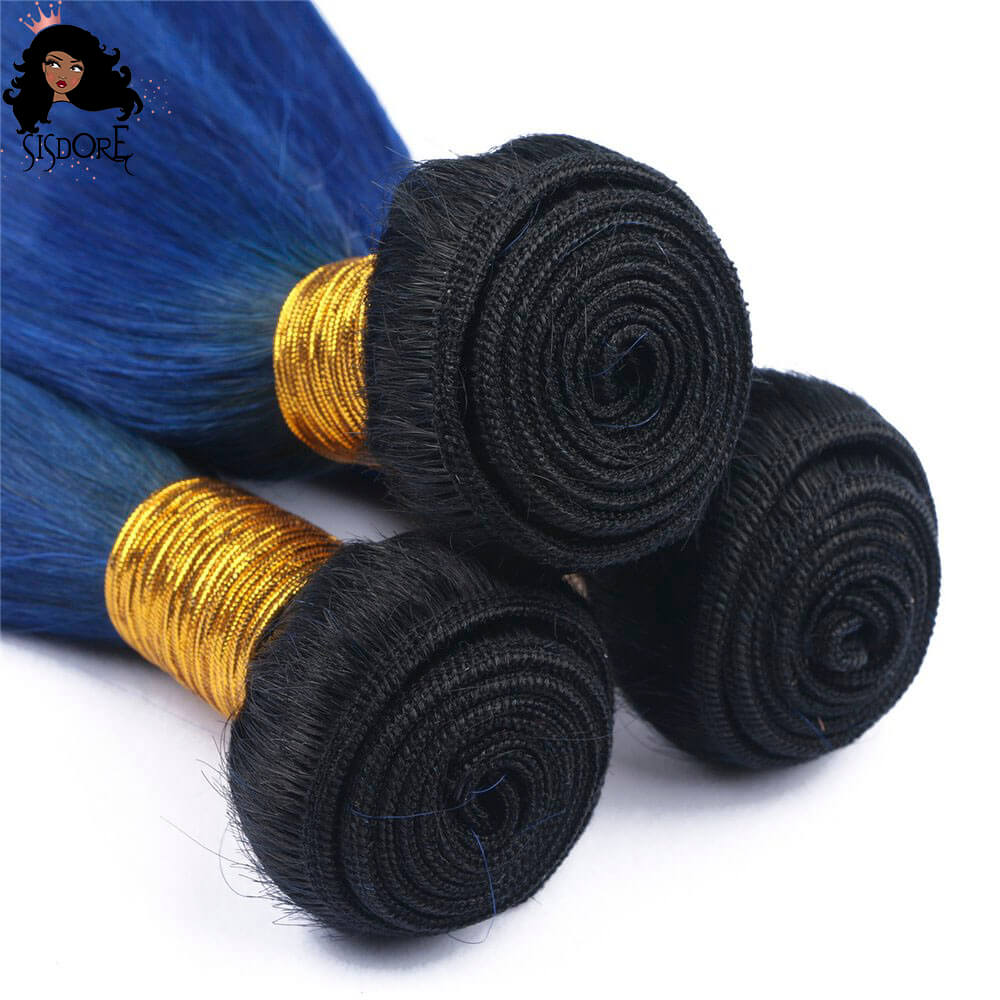 Blue ombre hair color with black roots human hair  weaves straight hair T1B/Blue