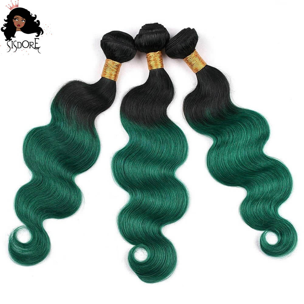 Cheveux ombrés vert émeraude 3 paquets avec vague de corps de fermeture 