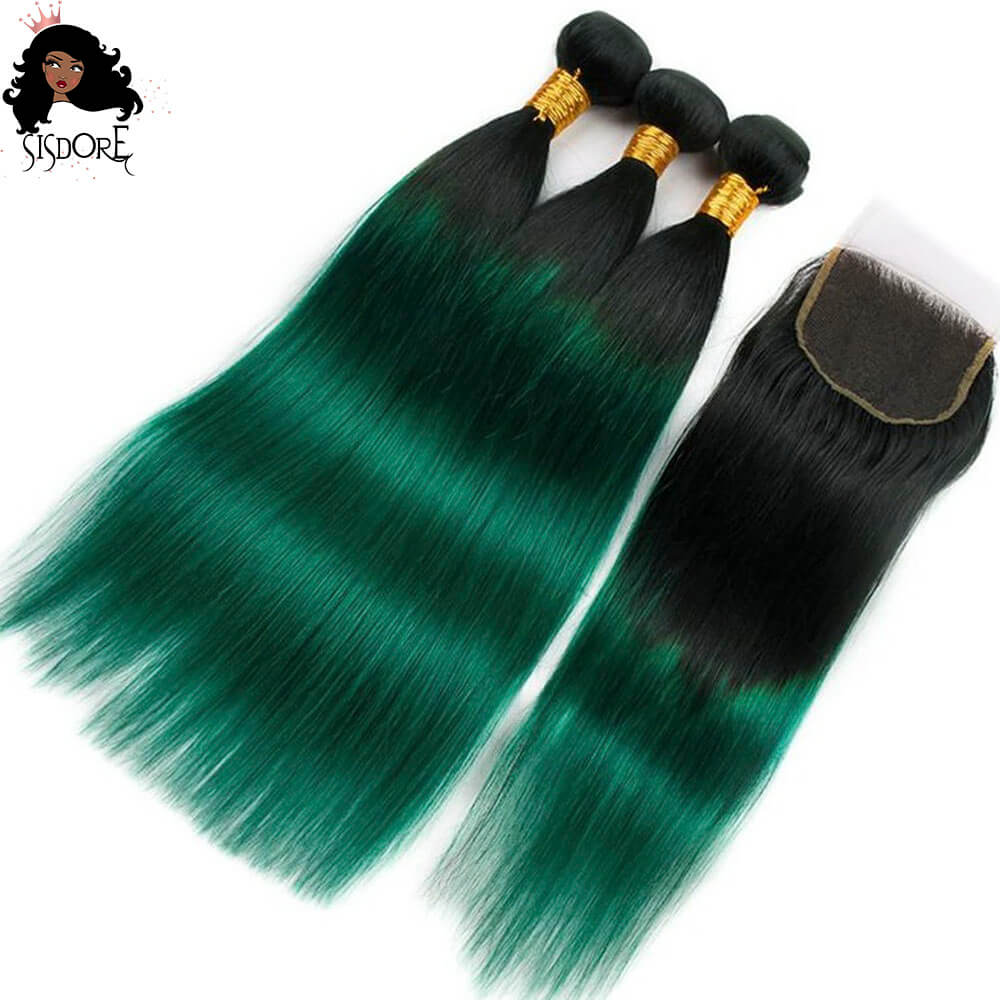 Hunter green straight hair bundles with lace closure, emerald green with black roots ombre