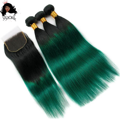 Hunter green straight hair bundles with lace closure, emerald green with black roots ombre