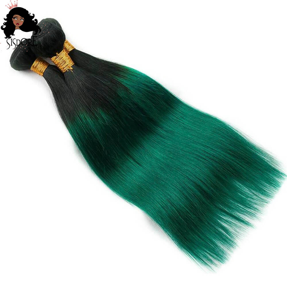 Hunter green straight hair bundles , emerald green with black roots ombre