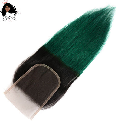 Hunter green straight hair 4x4 HD lace closure , emerald green with black roots ombre