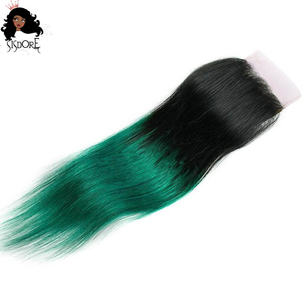 Hunter green straight hair 4x4 HD lace closure , emerald green with black roots ombre