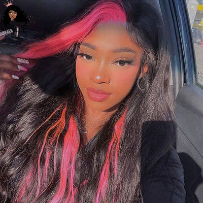 Hot Pink Hair Skunk Stripe Wigs, Pink Streaks middle part 
