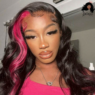Hot Pink Hair Skunk Stripe Wigs, Pink Streaks in front of Hair