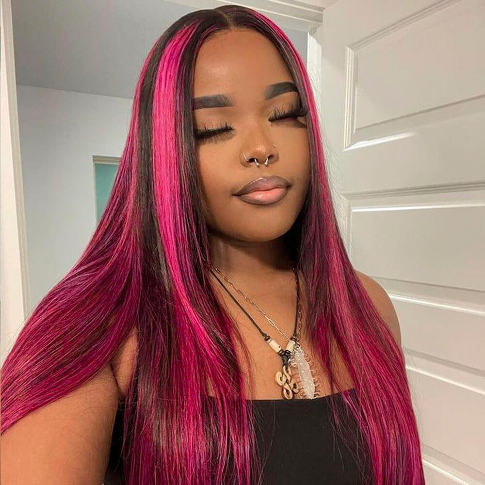 Hot Pink Highlights on Black Straight Hair Lace Front Wigs, Black Human Hair Wigs With Pink Streaks in Hair