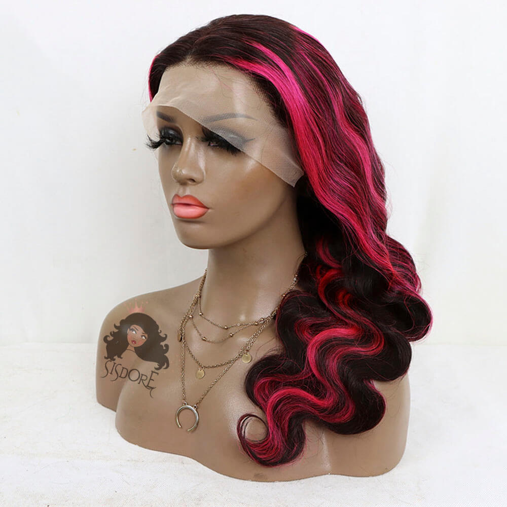Hot Pink Highlights on Black Body Wave Hair Lace Front Wigs, Black Human Hair Wigs With Pink Streaks in Hair
