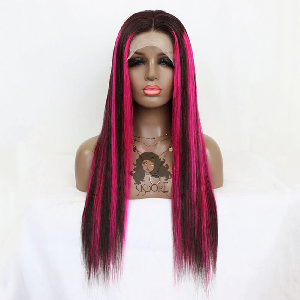 Hot Pink Highlights on Black Straight Hair Lace Front Wigs, Black Human Hair Wigs With Pink Streaks in Hair