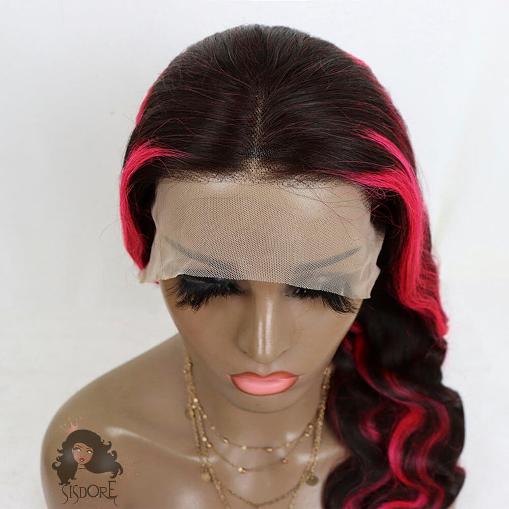 Hot Pink Highlights on Black Body Wave Hair Lace Front Wigs, Black Human Hair Wigs With Pink Streaks in Hair