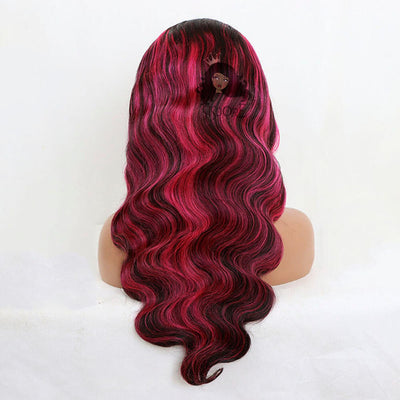 Hot Pink Highlights on Black Body Wave Hair Lace Front Wigs, Black Human Hair Wigs With Pink Streaks in Hair