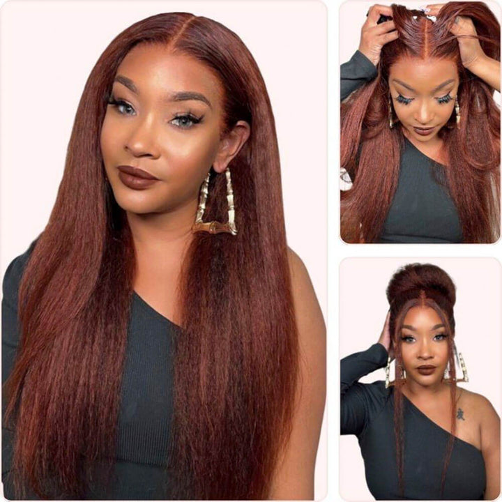 Reddish Brown Kinky Straight Human Hair Lace Front Wigs For Black Women #33