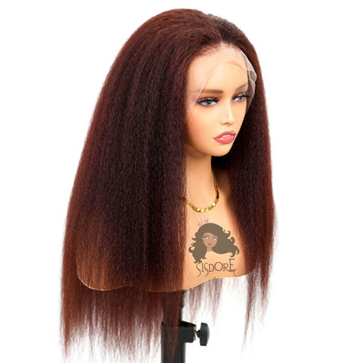 Reddish Brown Kinky Straight Human Hair Lace Front Wigs For Black Women #33