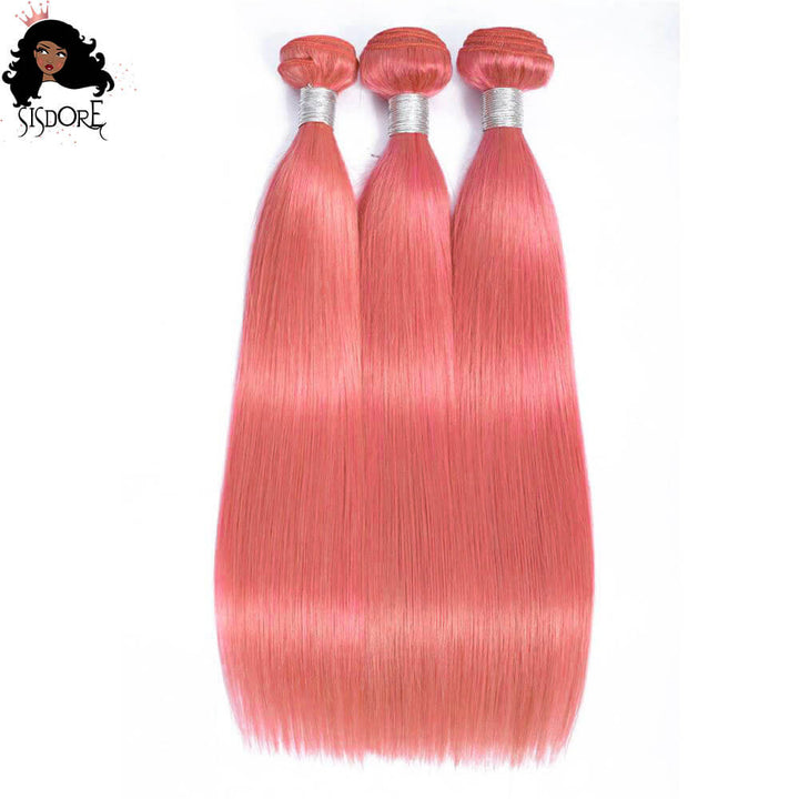 Mèches de cheveux rose vif lisses, tissages ondulés rose clair 