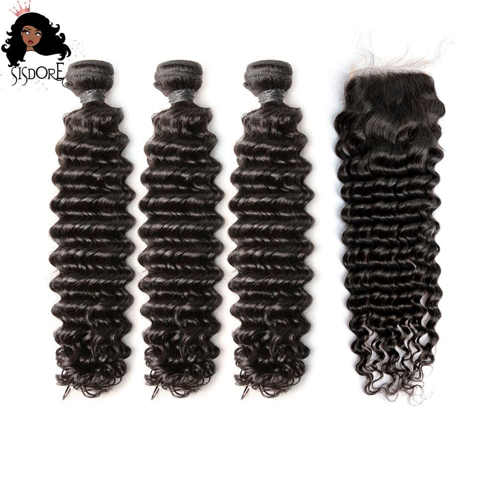 natural color deep wave human hair wefts with lace closure