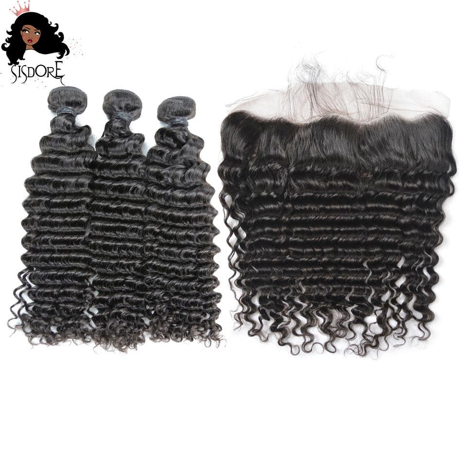 natural black color deep wave human hair weaves 3 bundles with ear to ear lace frontal