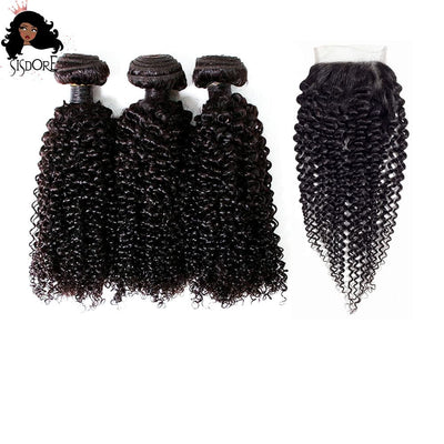 Natural Black Color Kinky Curly Human Hair Weaves 3 Bundles With Lace Closure