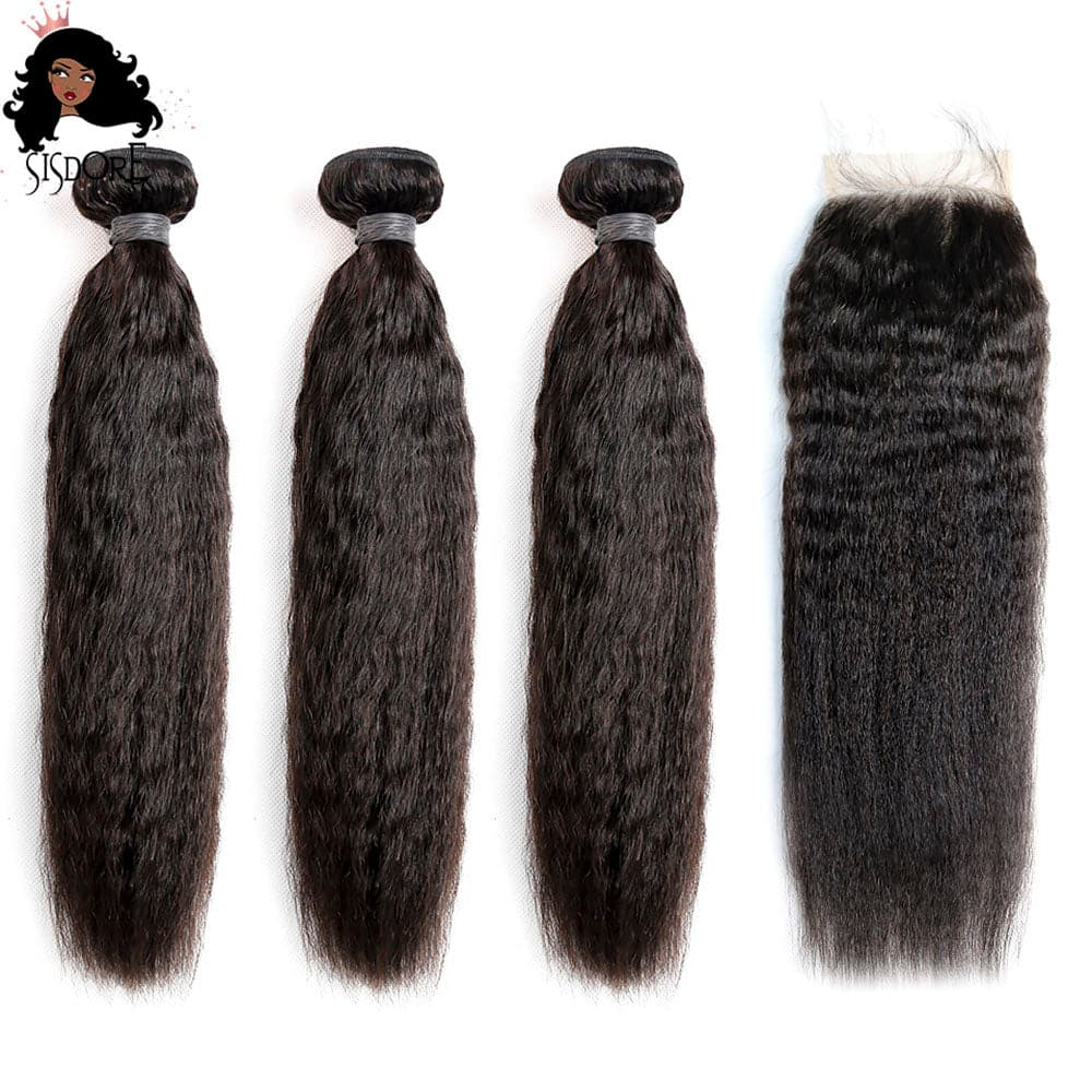 Natural color kinky straight human hair weaves with 4x4 lace closure