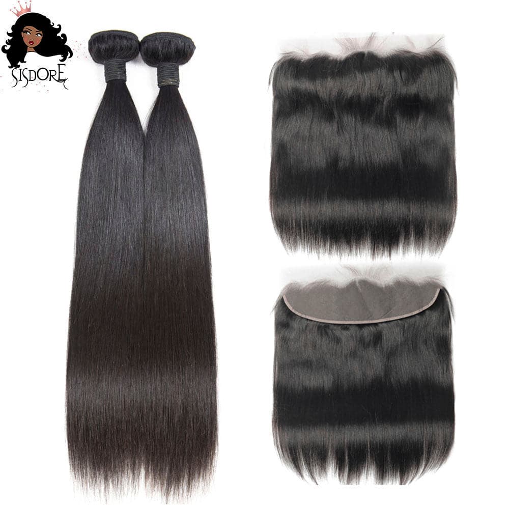 Black Straight Human Hair Bundles with 13x4 Lace Frontal