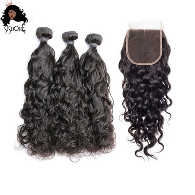 Wet and wavy water wave human hair weaves 3 bundles with lace closure 