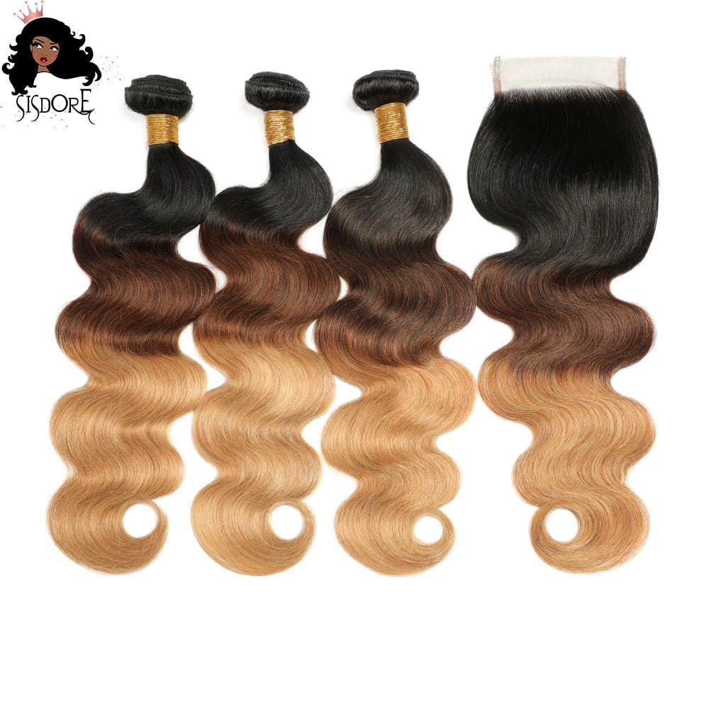 Ombre #1B/4/27 Body Wave Bundles with 4x4 Closure