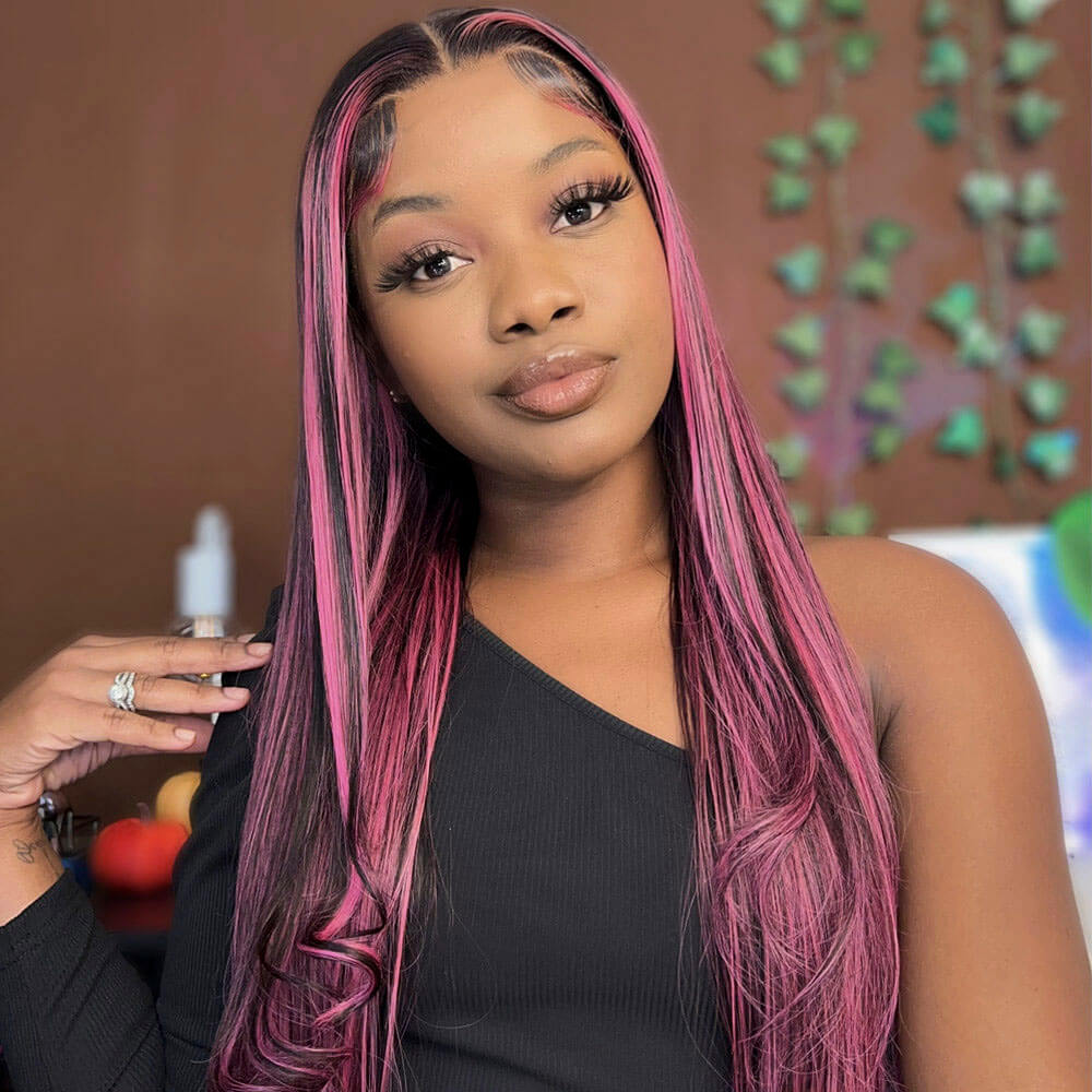 Black Straight Human Hair Lace Front Wigs With Pink Highlights