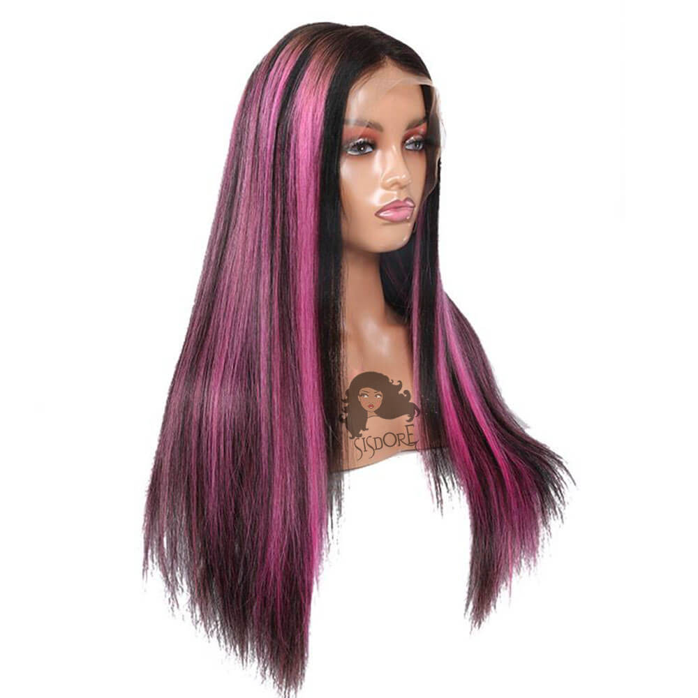 Long Black Straight Human Hair Lace Front Wigs With Pink Highlights Middle Part