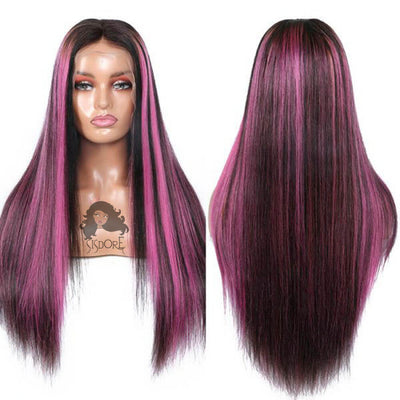 Long Black Straight Human Hair Lace Front Wigs With Pink Highlights Middle Part