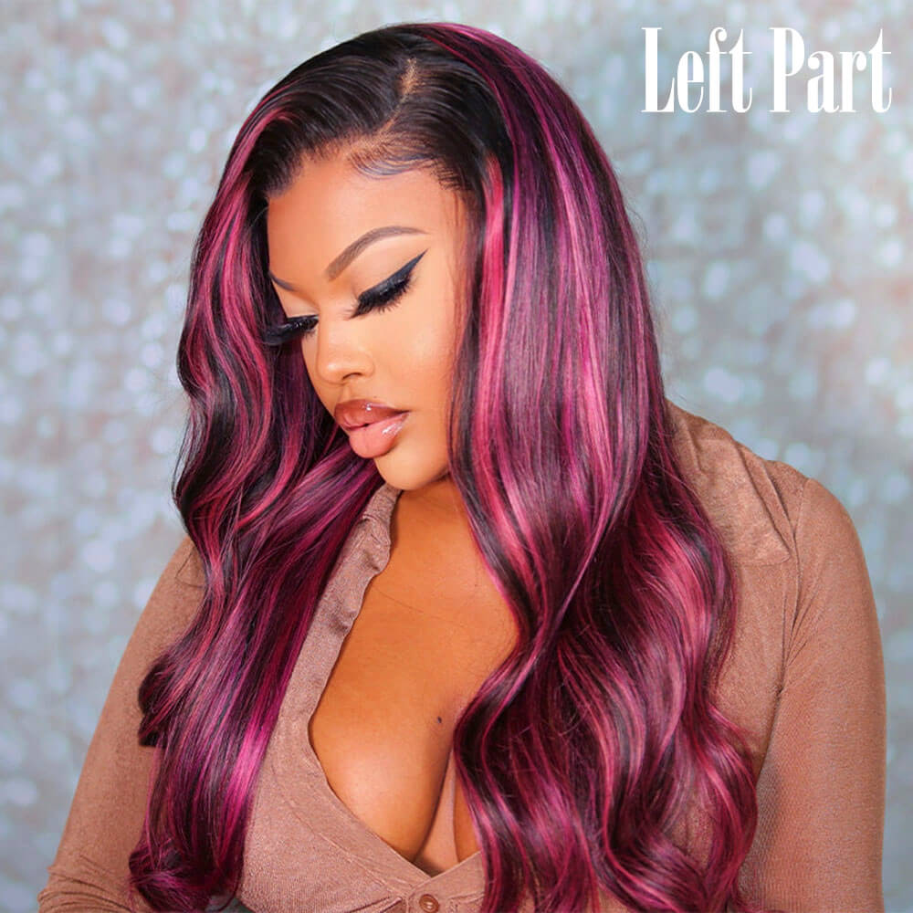 Black Body Wave Human Hair Lace Front Wigs With Pink Highlights Left Part